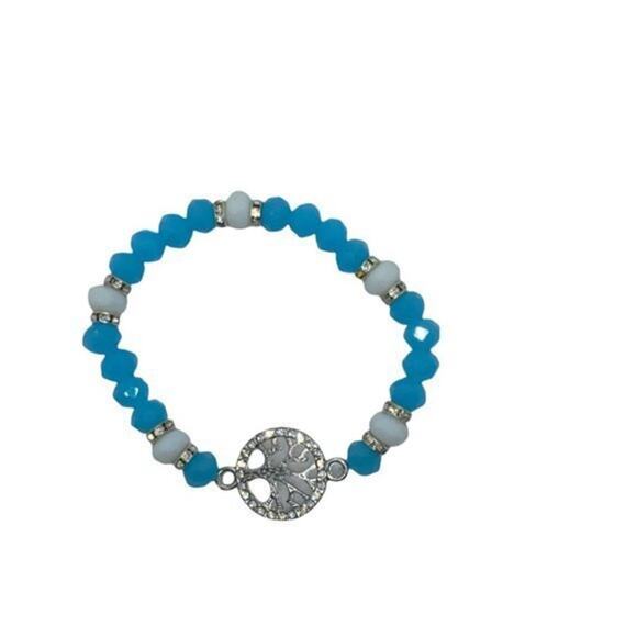 Blue White Beaded Silver-Tone Tree of Life Pendant Rhinestone Stretch Bracelet - Picture 5 of 12